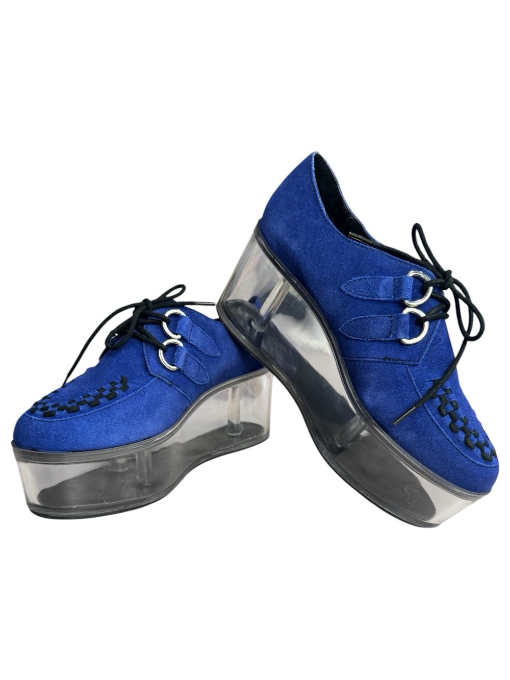 YRU Rare Cobalt Blue Suede Qloud Kreep Clear Platform Heels Women’s Size 7 NWOT